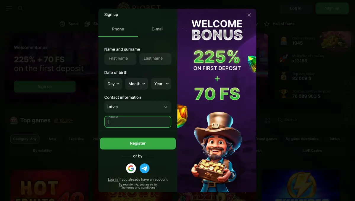 Registration at Riobet online casino